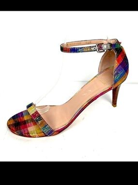 STUART WEITZMAN Metallic Rainbow Plaid Leather Ankle Strap Nunaked Sandals 9,5